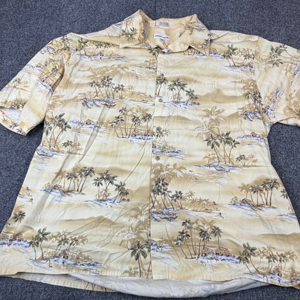 Pierre Cardin Mens XXL Yellow Tropical Palm Tree Island Cotton Camp Shirt SS - Picture 2 of 7